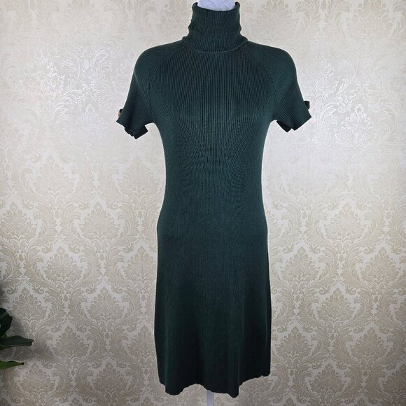 Moda International Size Small Dark Green Knit Turtleneck Midi Dress Short Sleeve - Picture 1 of 12